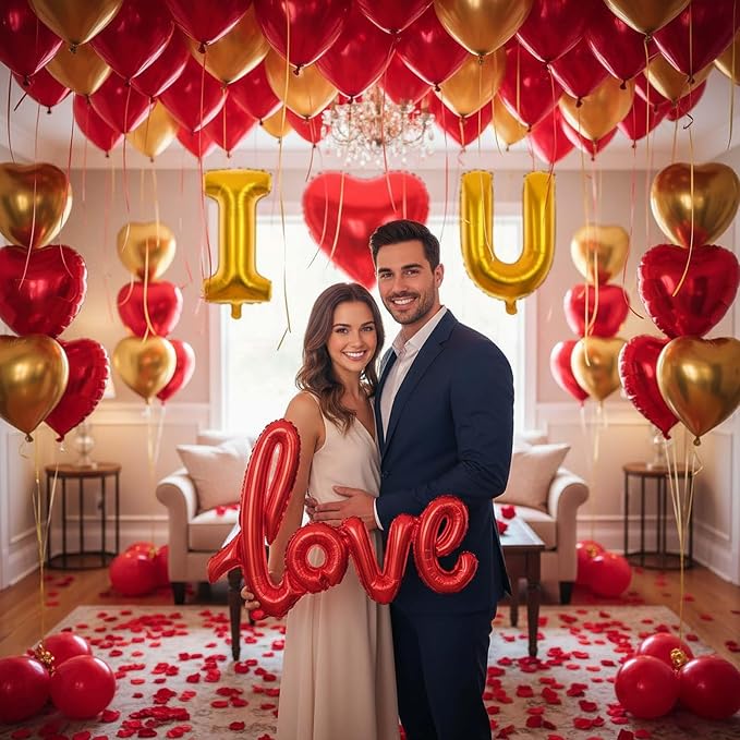 I Love You Balloons for Him/Her Balloons Red gold romantic balloon kit with Red heart LOVE mylar balloons Red rose petals for hotel Decorations Valentines Party wedding anniversary supplies