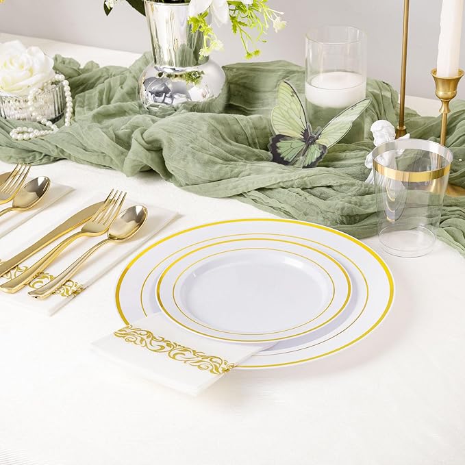 Supernal 200pcs Gold Plastic Dinnerware included 25 Party Dinner Plates 25 Dessert Plates 25 Disposable Cups and 25 Paper Napkins Disposable 25 Spoons 25 Knives 50 Forks for Party and Wedding