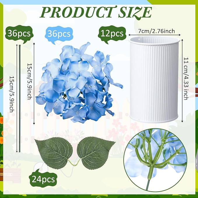 Zeyune Blue 12 Sets Wedding Flower Table Centerpieces Artificial Hydrangeas with Rustic Metal Vase Fake Hydrangea Flowers in Pot Floral Arrangement for Wedding Bridal Tea Party Table Home Decor