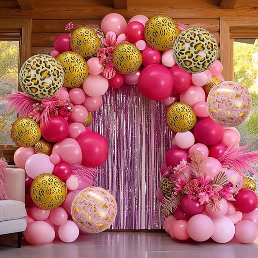 Hot Pink Balloon Arch Kit, Double Stuffed Dark Light Pink Magenta Gold Cheetah Print Balloons Fringe Curtain for Birthday Baby Shower Mother's Day Bridal Wedding Safari Jungle Wild Party Decorations