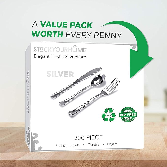 Silver Plastic Silverware Set (200-Pack) – Disposable Heavy Duty Cutlery, 67 Forks, 67 Knives, 67 Spoons for Parties, Weddings, Dinners & Holidays, Stock Your Home