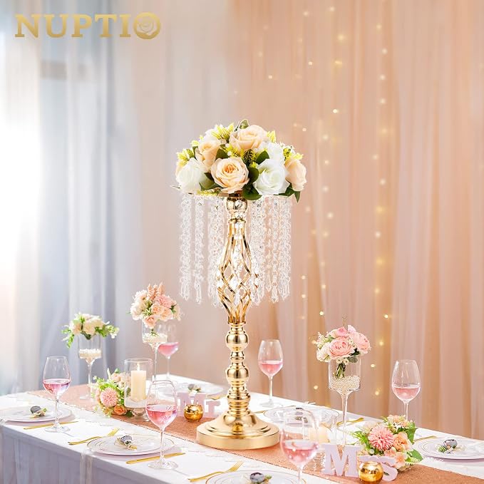 10 Pcs 19.3 inches Tall Crystal Flower Stand Wedding Road Lead Tall Flower Holders Centerpiece Crystal Flower Chandelier Metal Flower Vase for Reception Tables Wedding Supplies