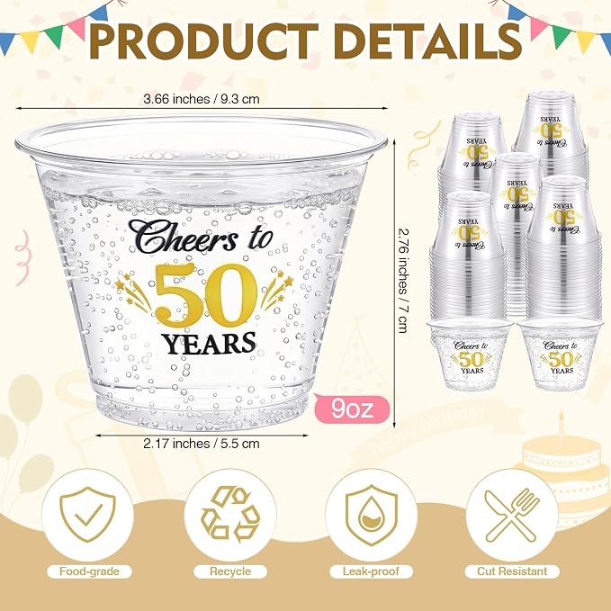 LemonRoad 100 Pack 50th Birthday Cup 9 oz Cheers to 50 Years Birthday Disposable Clear Plastic Cocktail Cups Hot Cold Beverage Drinks for Men Women Wedding Anniversary Decorations Party Favors