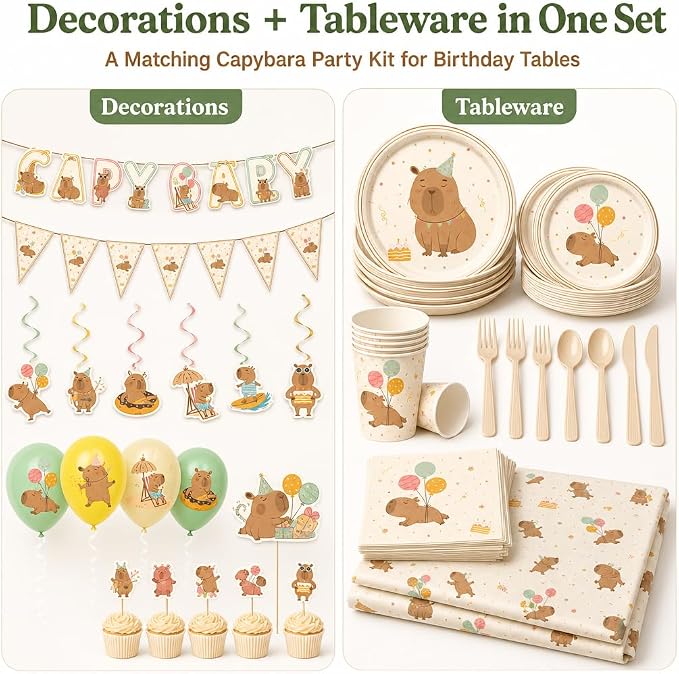 120 PCS Capybara Birthday Party Supplies for 10 Guests, Cute Animal Theme Decorations and Tableware Set with Banner, Balloons, Plates, Cups, Napkins, Cutlery, Tablecloth, and Toppers