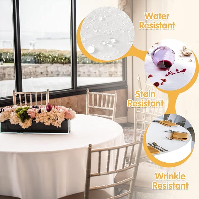 BRILLMAX 10 Pack White Round Tablecloths 90 Inch for 60” Tables - 150 GSM Polyester Fabric, 15" Standard Drop, Water, Stain & Wrinkle Resistant Cloth Cover for Wedding Reception Banquet Dining