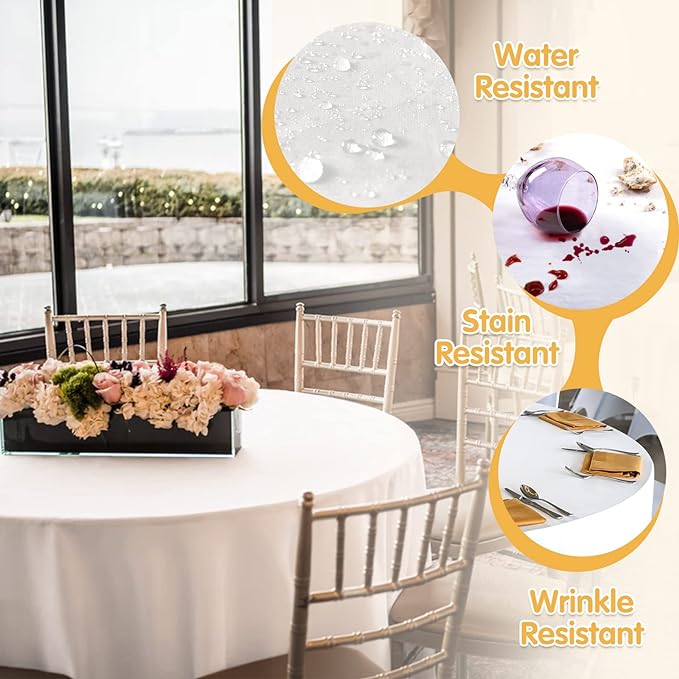 BRILLMAX 4 Pack White Round Tablecloths 108 Inch for 48” Tables - 150 GSM Polyester Fabric, Floor Length Drop, Water, Stain & Wrinkle Resistant Cloth Cover for Wedding Reception Banquet Dining