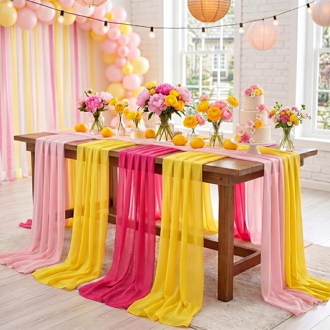 Boao 6 Pcs Pink and Yellow Party Decorations Table Runner Cloth 10ft Lemon Summer Freshly Graduation Decorations Rustic Fabric for Pink and Yellow Wedding Birthday Party Baby Bridal Shower Decor