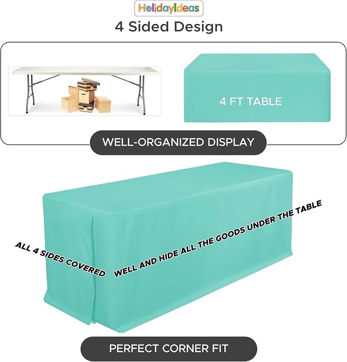 HolidayIdeas 4-Pack 4ft Aqua Rectangle Craft Shows Fitted Tablecloth | Wrinkle resistant table covers; bulk quantity pack for professional trade exhibition displays or vendor booths