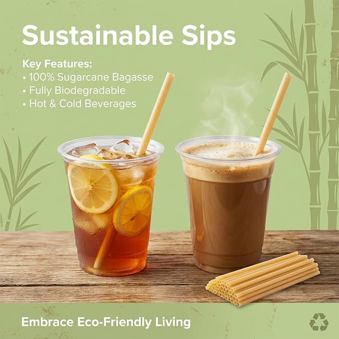 Sugarcane Straws - 100PCS Straws Disposable Biodegradable Compostable Long Sugar Cane Drinking Straws for Coffee, Juice, Milk, Smoothie, Cocktail, Party