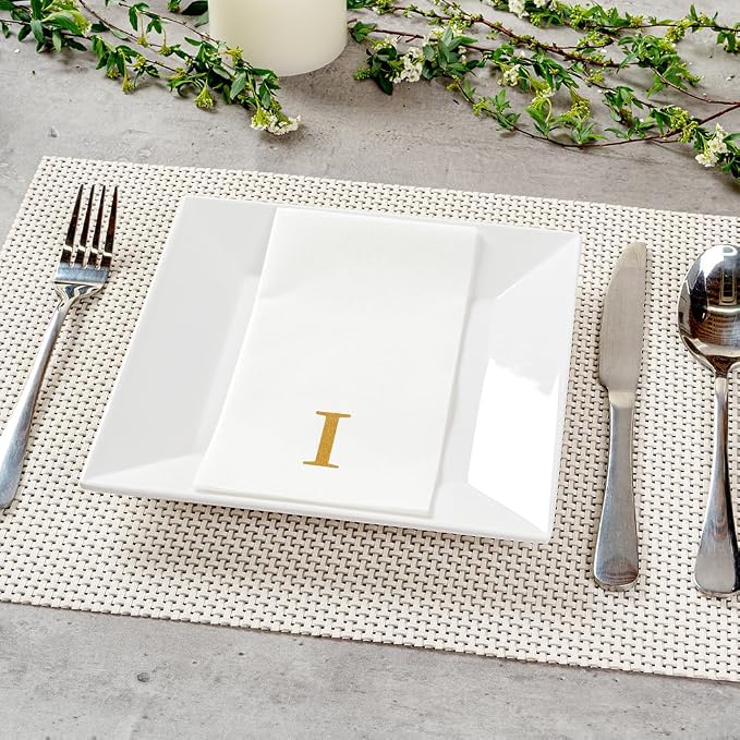Luxenap 15.8 X 7.9 Inch Linen-Feel Guest Towels, 50 Lettered Hand Towels - Gold Letter 'I', Sans Serif Font, White Paper Dinner Napkins, airlaid, For Restrooms And Tables