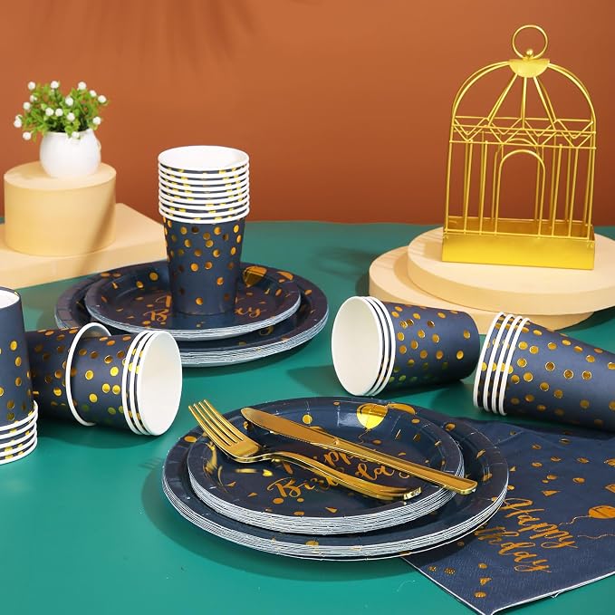 175 Pcs Blue Birthday Plates and Napkins Party Supplies - Blue and Gold Paper Plates and Cups and Napkins Sets for Men Happy Birthday Party Decorations, Serves 25