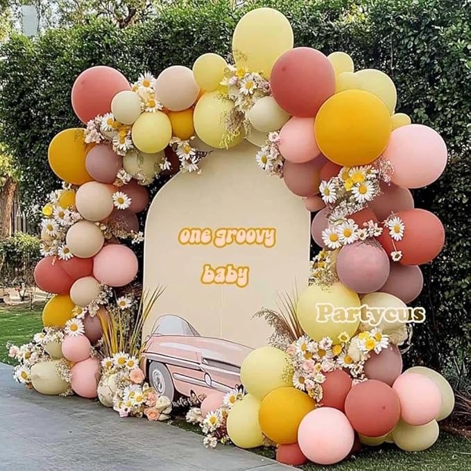 Dusty Pink Yellow Balloon Arch Kit Double Stuffed, Mauve Pink Mustard Light Yellow White Sand Balloon Garland for Baby Shower Birthday Bee Groovy Boho Rainbow Sunshine Party Decoration