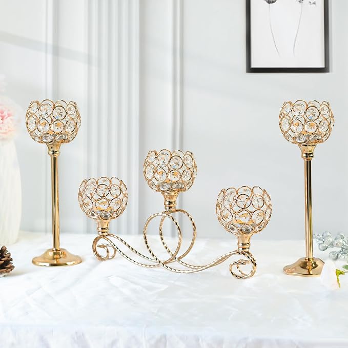 Gold 5 Arm Metal Crystal Tea Light Candle Holder, Elegant Wedding Table Centerpiece, Christmas Wishing Bowl Candle Holder