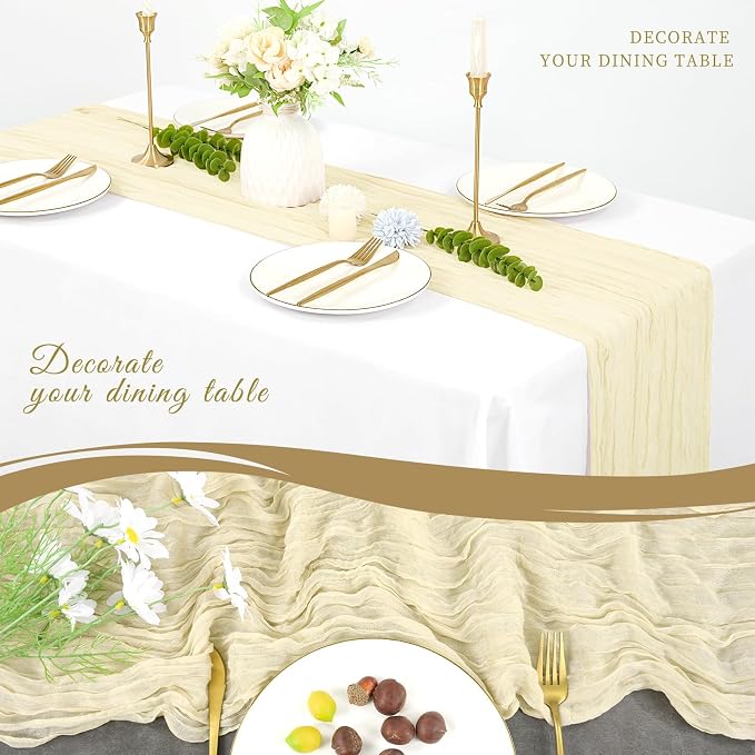 10 Pack Cheesecloth Table Runner 17 x 108 inch Long Boho Gauze Table Runners Semi Sheer Table Runner for Wedding Decor, Baby Shower, Birthday Party, Banquet (Ivory)