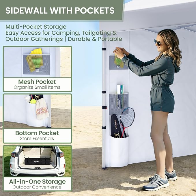 GVDV 10x10 Pop Up Canopy Tent with Pocket Sidewall, Beach Tent with One Push Setup, Outdoor Sun Shade for Events, Parties, Camping - Gazebo with Wheelbag and 4 Weight Bags, White, CP23