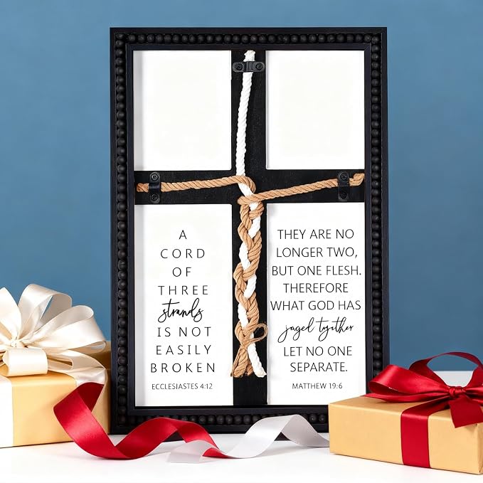 Farmhouse A Cord of Three Strands Wedding Ceremony Sign with Wooden Bead and Hanging Hook, Vintage Rustic Wood Unity Cross for Wedding Ceremony, 11 X 15 Religious Christian Wall Decor Gift for Couple