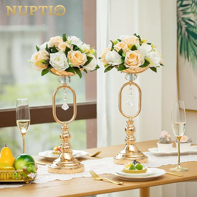 NUPTIO Flower Balls Wedding Table Centerpieces, Peachy Champagne & White | 10 Pcs 9.5 inch Artificial Rose Floral Bouquet Arrangement, for Bridal Shower, Birthday Party Decorations
