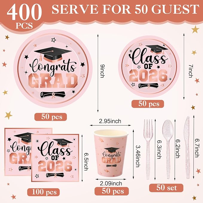 Funnymoom 400 Pcs Graduation Party Supplies Class of 2026 Graduation Paper Plate Napkin Cup Cutlery Congrats Grad Disposable Tableware Set for Grad Party Decorations, Serve 50 (Pink,Black)