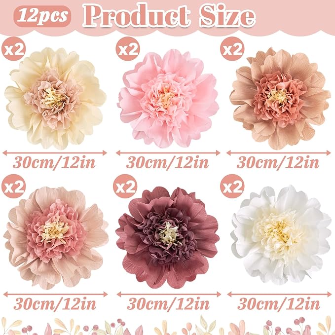 12Pcs Boho Large Paper Flowers 12'' Giant Paper Flower Decorations for Wall