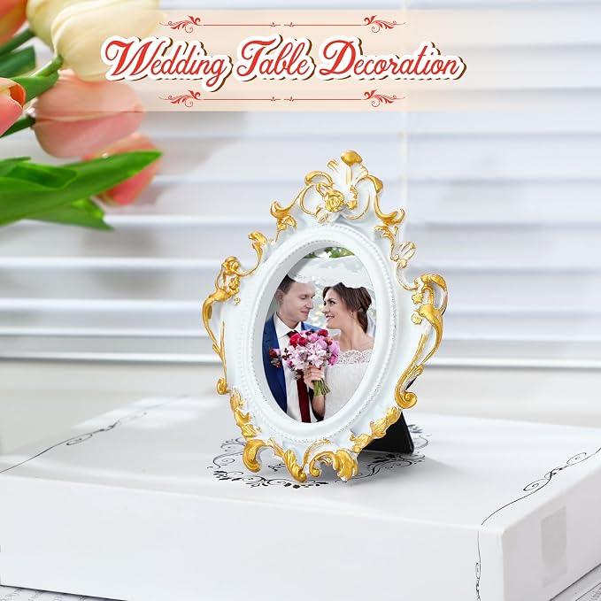 Maitys 5 Pcs Mini Picture Vintage Frames with Stands Tiny Antique Photo Baroque Ornate Resin Oval Frame Table Top Display Home Wedding Decor (White Gold)