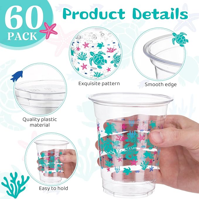 Funnymoom 60 Pack Sea Turtle Plastic Cups 12 oz Ocean Turtle Disposable Clear Plastic Drinking Cups for Marine Animals Ocean Seashell Summer Birthday Themed Party Decorations Supplies