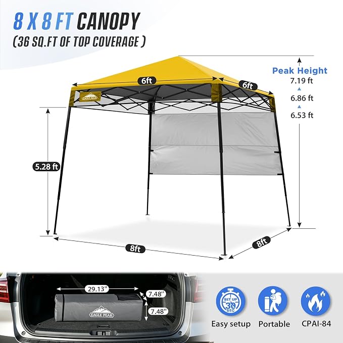 EAGLE PEAK 8x8 Pop Up Canopy Tent with Sidewall, Compact, Portable Slant Leg Instant Sun Shelter for Beach, Sports, & Camping, 8x8 Base 6x6 Top, Yellow