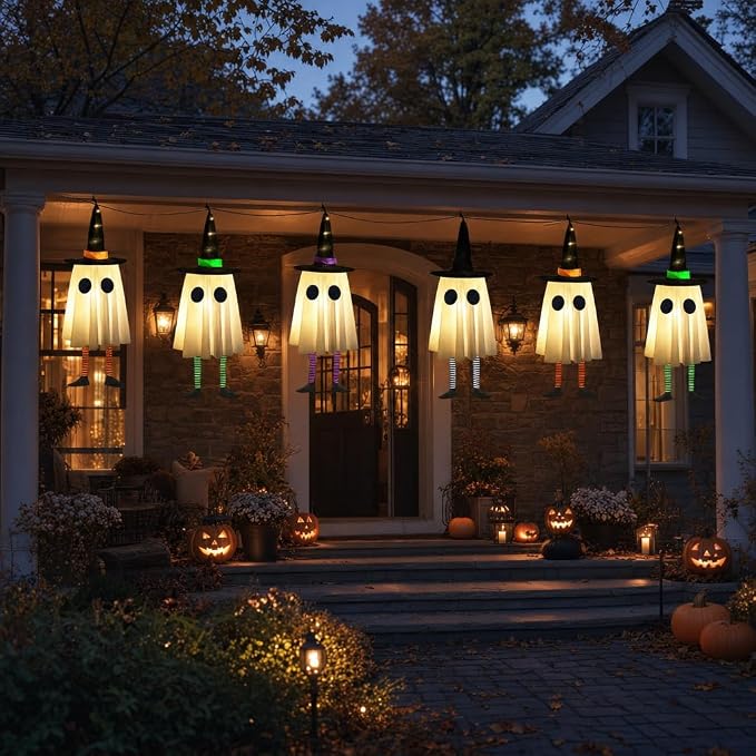 Set of 4 Halloween Hanging Ghosts, Halloween Decorations Outdoor Hanging Ghosts with Witch Hat,Glowing Ghost Witch Hat Lights, Light up Ghost Decor for Yard Patio Garden Tree Outside(4 Ghost Lighted)