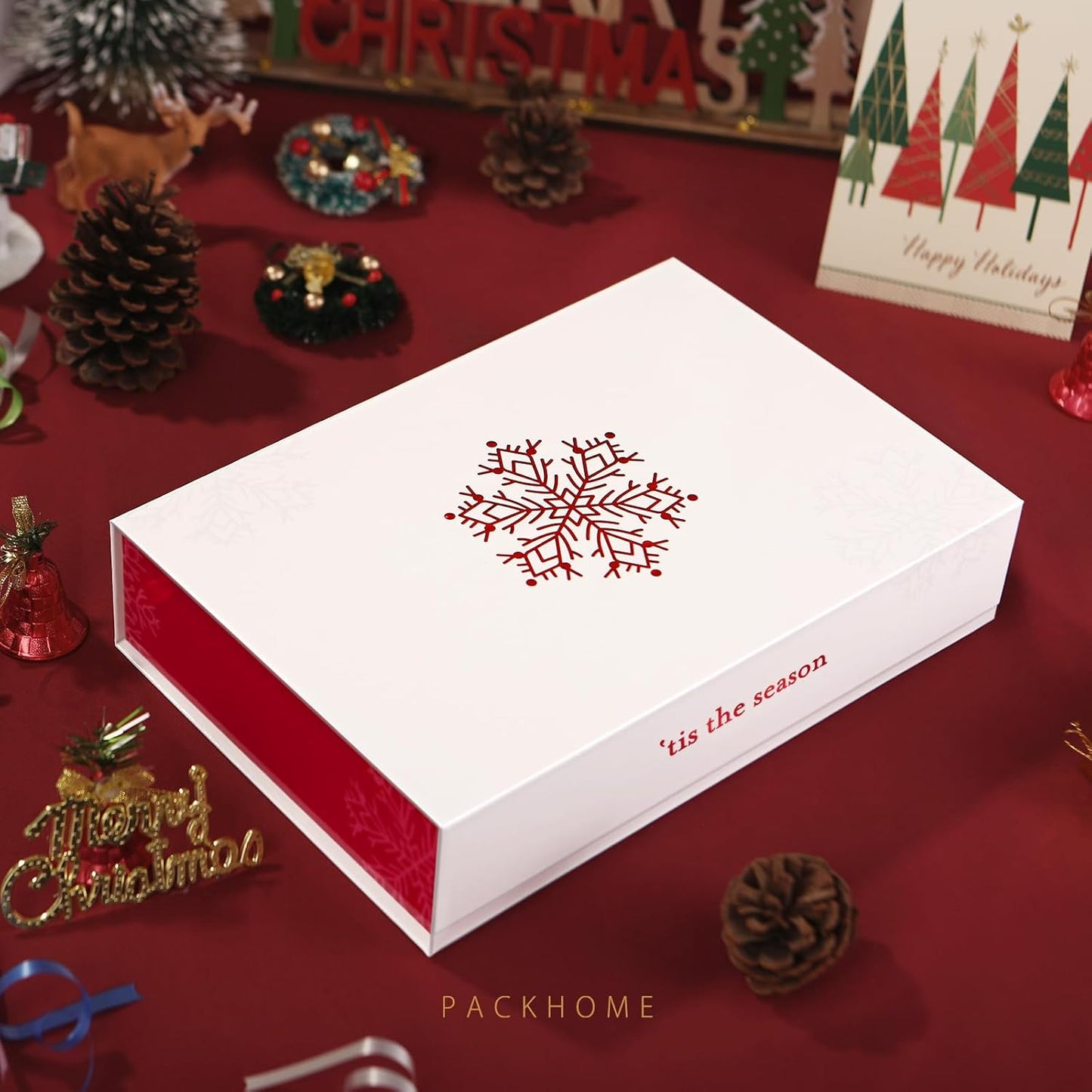 PACKHOME Christmas Gift Box 13x9.7x3.4 Inches, Large Gift Box with Lid, Sturdy Shirt Box with Magnetic Lid for Wrapping Gifts (Red Snowflake Pattern)