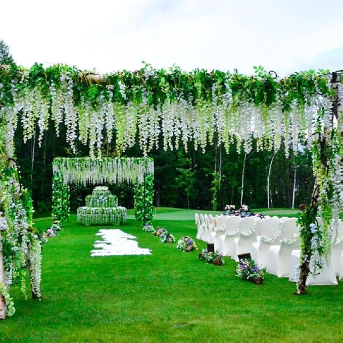 Artificial Wisteria Hanging Flowers, 24pack Fake Flowers White Wisteria Vine Ratta Garland Silk Flowers for Wedding Arch Party Garden Home Decor (24)