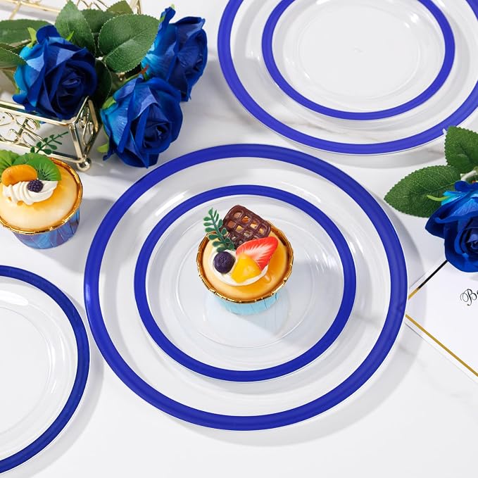 Liacere 350PCS Blue Plastic Plates - Clear with Blue Trim for 50Guests Dinnerware Include 100 Clear Plates disposable 150 Silverware 50Napkins for Wedding＆party&Graduation&Summer