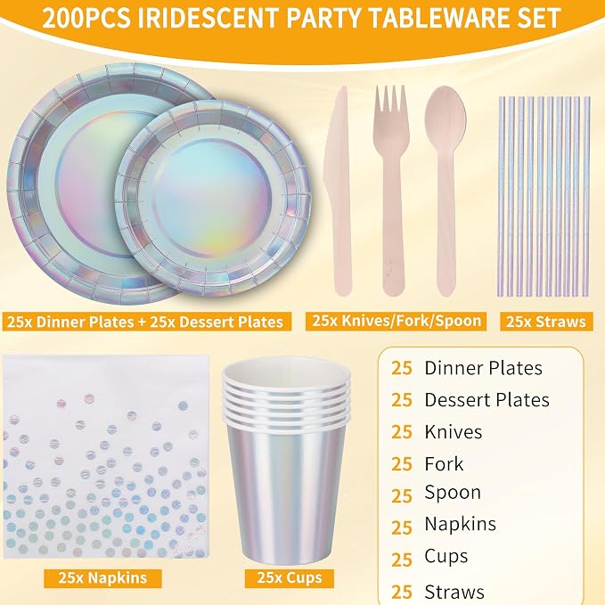 200PCS Iridescent Party Decorations Supplies, Paper Plates and Napkins Set, Iridescent Party Tableware Set for Mermaid Unicorn Birthday Wedding Party, Serve for 25 (Iridescent Set)