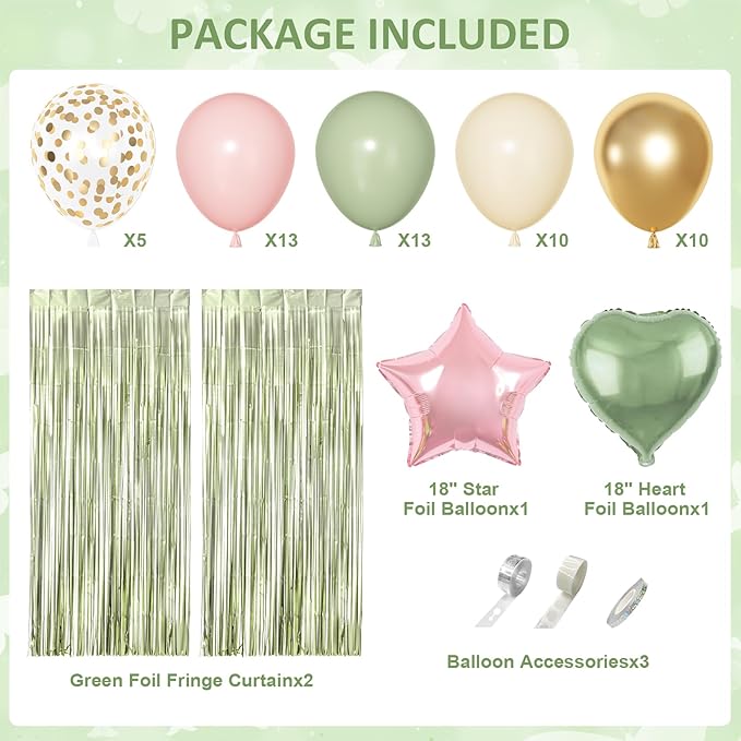 Pink and Green Birthday Decorations, Sage Green Pink Sand White Gold Balloons Happy Birthday Banner Fringe Curtains Butterfly Hanging Swirls Circle Dots Tassels Pompoms for Women Girls Party Supplie