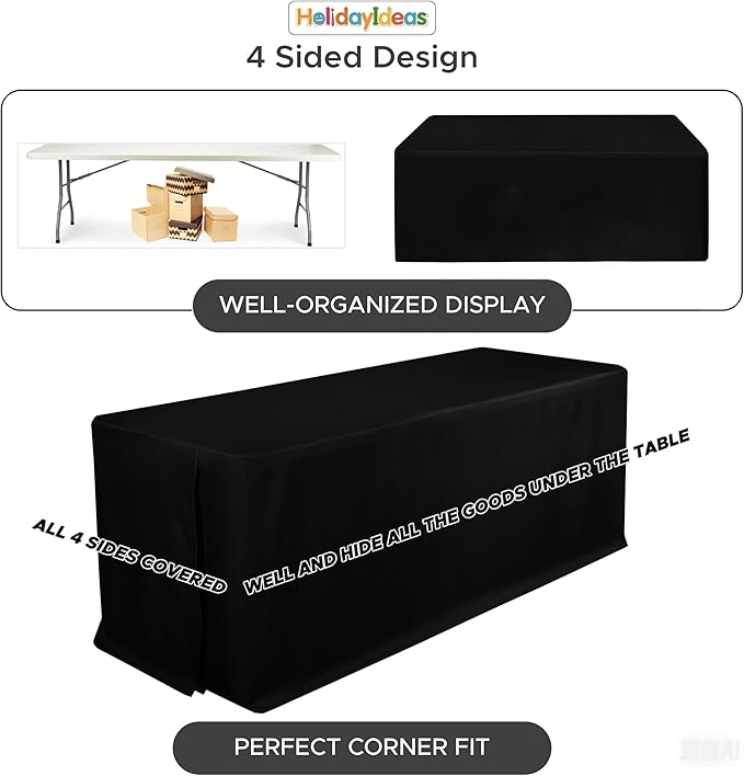 HolidayIdeas 4-Pack 6ft Black Rectangle Craft Shows Fitted Tablecloth | Wrinkle resistant table covers; bulk quantity pack for professional trade exhibition displays or vendor booths