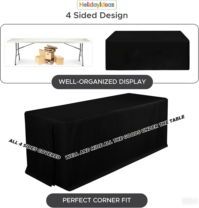 HolidayIdeas 6-Pack 6ft Black Rectangle Craft Shows Fitted Tablecloth | Wrinkle resistant table covers; bulk quantity pack for professional trade exhibition displays or vendor booths