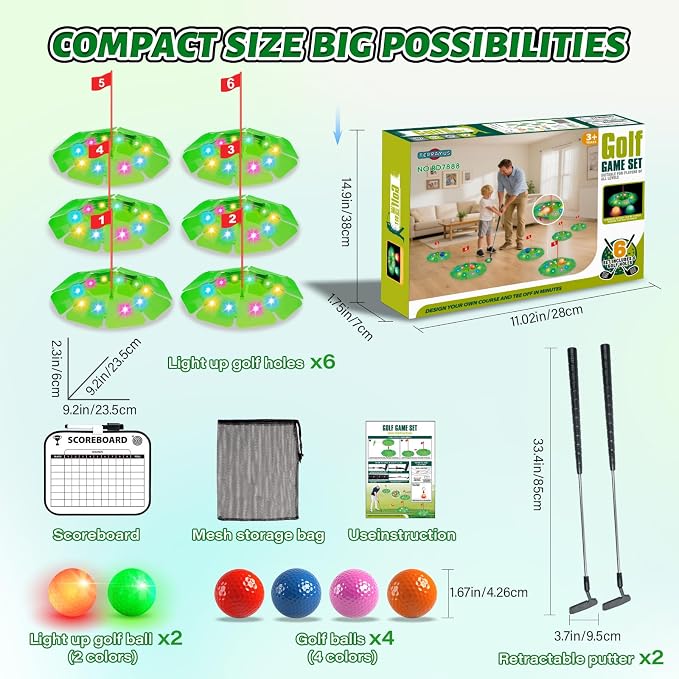 TERRAMUS Light Up Golf Play Set - Upgraded Kids Toy Golf Putting Game Set with 6 LED Targets, 2 Clubs, 6 Balls (2 Glow), Night Golf Toys Gifts for Kids Golfers Family Indoor Outdoor Beach Lawn Park