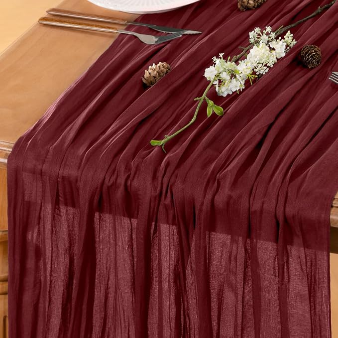 LINXTAR Burgundy Cheesecloth Table Runner 120 Inches 10Ft Gauze Summer Boho Table Runner for Wedding Tea Party Baby Shower Bridal Birthday Home Decoration
