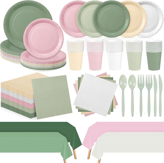 Mimorou 354 Pcs Sage Green and Pink Plates and Napkins Set Serves 50 Guests Gradient Green and Pink Tablecloth Plates Cup and Napkins Tableware for Birthday Wedding Bridal Baby Shower Party Supplies