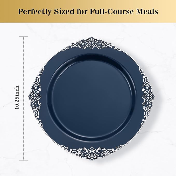 Goodluck 100PCS Navy Blue Plastic Plates with vintage silver trim – 10.25” Heavy Duty Disposable Dinner Plates & Party Plates for Weddings, Parties, Events – Elegant, Sturdy
