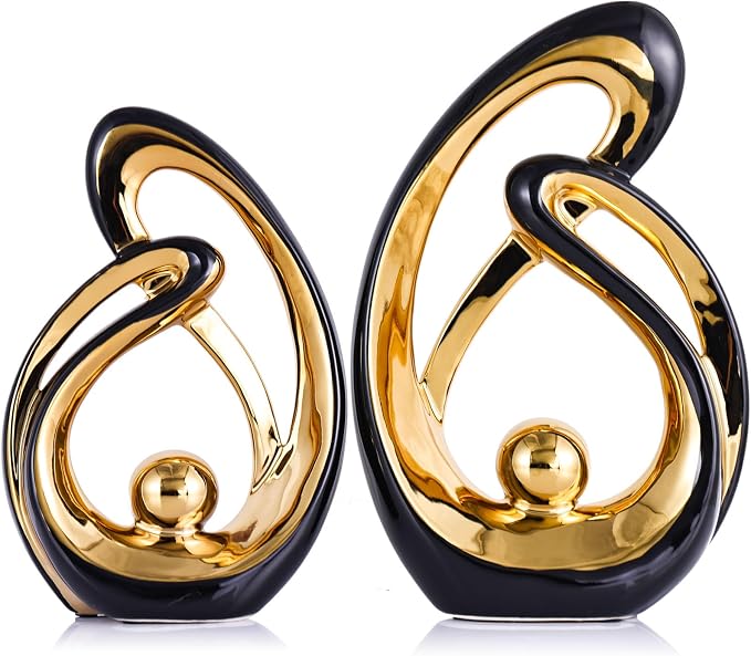 XMGZQ Home Decor Accent,Porcelain Art Mid Century Bookshelf Decorations,Gold Centerpieces for Tables,Abstract Ceramic Statue Sculpture for Coffee Table Mantel Tv Stand Centerpieces (Black, Large)