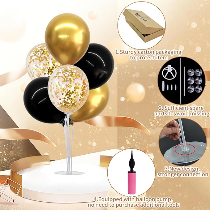 TONIFUL Graduation Decorations 2026 4 Set Black Gold Balloon Centerpieces for Table,Balloon Stand Kit for Black Gold Party Decor 40th 50th 60th 70th Birthday Decorations Anniversary Retirement