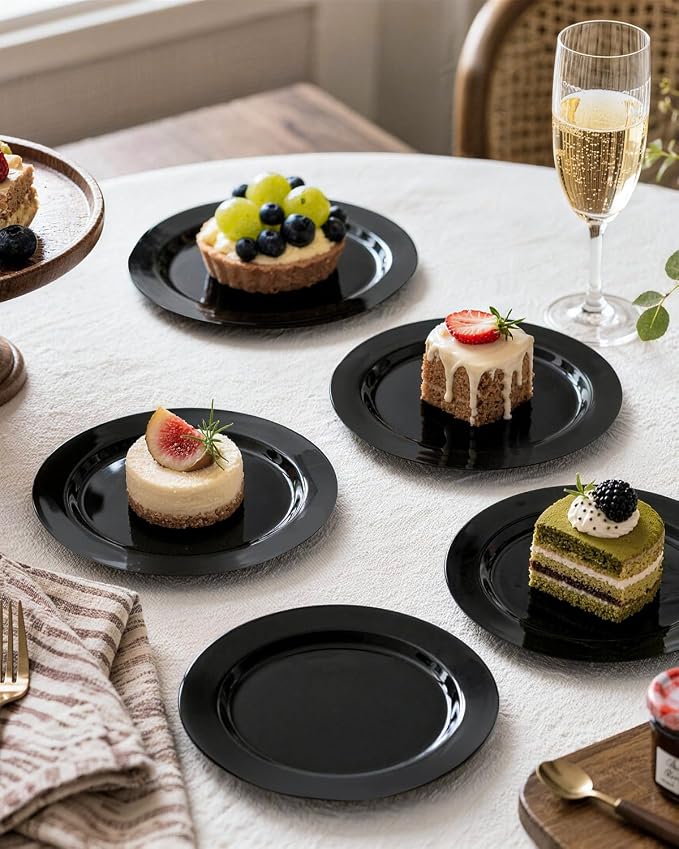 bUCLA 100 Pieces Black Plastic Plates - 6.25 inch Disposable Dessert/Salad/Appetizer/Small Cake Plates for Party, Graduation & New Year
