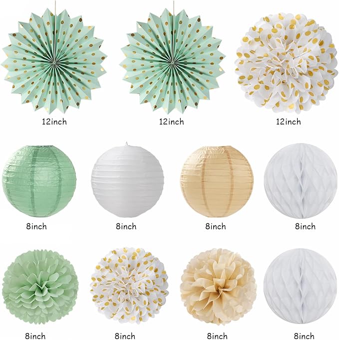 Champagne-Gold White Sage-Green Women Birthday Decorations Huglony | 21pcs Boho Party Happy Banner,Streamers,Paper Lanterns,Pom Poms Fans 13th 18th 21st 30th 40th 50th 60th Birthday Backdrop