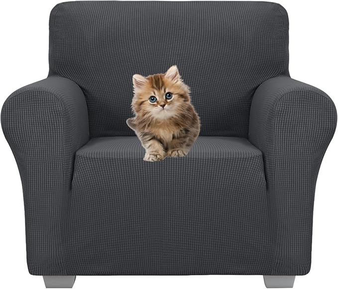 JIVINER Super Stretch Chair Sofa Slipcovers 1-Piece Jacquard Chair Covers for Living Room Soft Anti Slip 1 Seater Couch Furniture Protector Small Checks for Kids Pets (Chair, Grey)