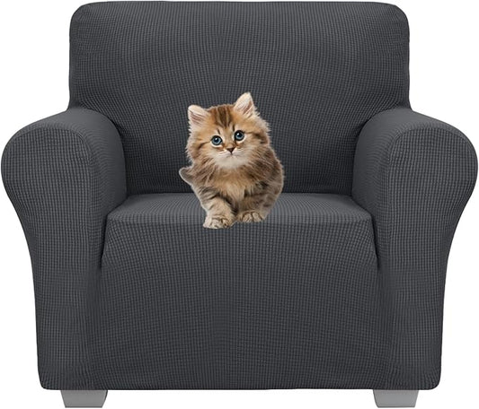 JIVINER Super Stretch Chair Sofa Slipcovers 1-Piece Jacquard Chair Covers for Living Room Soft Anti Slip 1 Seater Couch Furniture Protector Small Checks for Kids Pets (Chair, Grey)