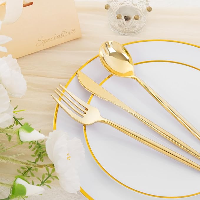 EI 180pcs White and Gold Plastic Plates,Gold Plastic Plates for Party,Fancy Plate Disposable Dinnerware Sets,Gold Disposable Silverware and Cups for Wedding,Baby Shower,Spring Afternoon Tea