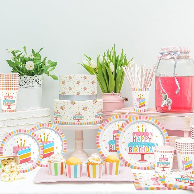 Happy Birthday Party Supplies Set for 25 -Kit with Cake Design Includes Plates, Napkins, Cups, Tablecloth & Banner - for Boys & Girls Birthday Party Decorations
