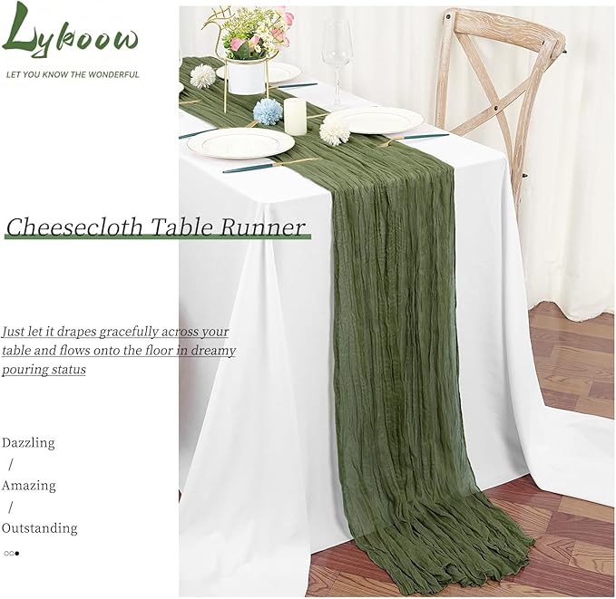 24 Packs Olive Green Table Runner, Charming Cheesecloth Table Runner 17 x 108inch, Gauze Boho Wedding Decoration Rustic Sheer Fabric Cheese Cloth Table Runners for Wedding Party Bridal Shower