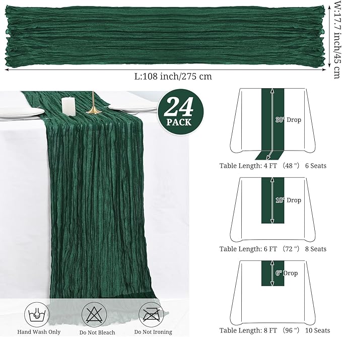 24 Pack Dark Green Cheesecloth Table Runner,Gauze Boho Long Cheese Cloth Table Runner 17x108 inch Rustic Table Runners for Wedding Party Bridal Shower Christmas Banquet Table Decorations