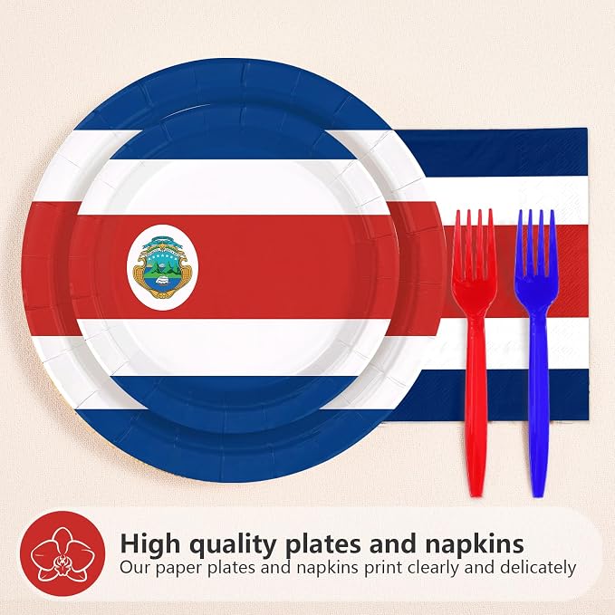 96Pcs Costa Rica Flag Party Supplies Costa Rica Theme Plates and Napkins National Flag Disposable Paper Tableware Set for Sports Event School Party Patriotic Festival Decoration Serves 24