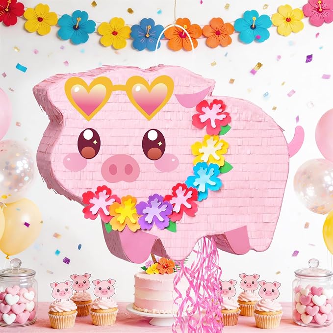 WERNNSAI Pig Piñata - Farm Party Decorations Hawaiian Pig Piñata with Blindfold and Stick for Summer Birthday Decorations Summer Tropical Birthday Party Luau Carnival Supplies